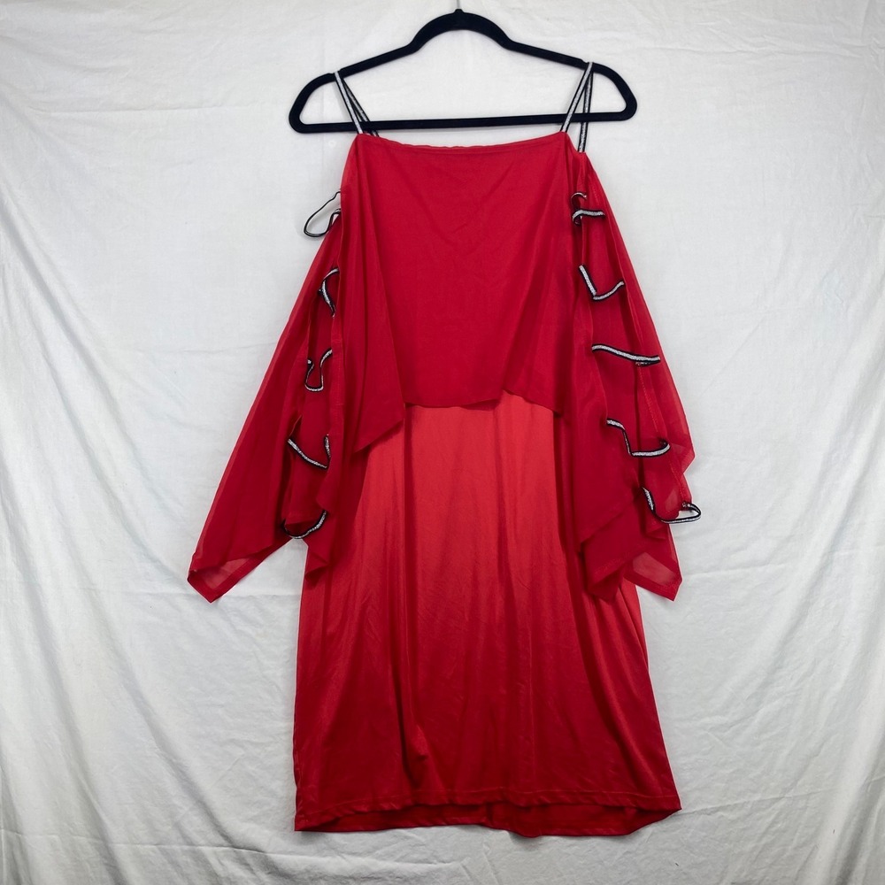 Womens Red Cold Shoulder Cape Mini Dress XXL Silver Glitter Trim Sheer Sleeve